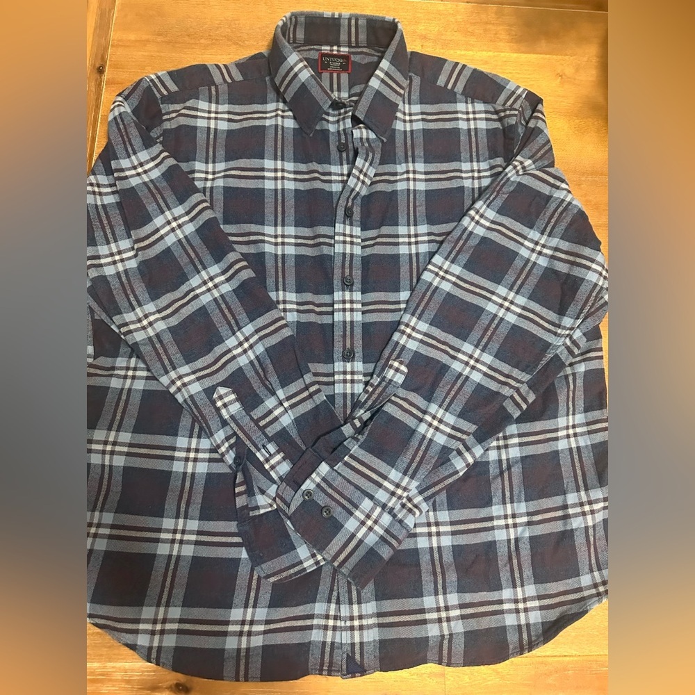Untuckit Men’s Blue Plaid Flannel Button Down 100% cotton XL
